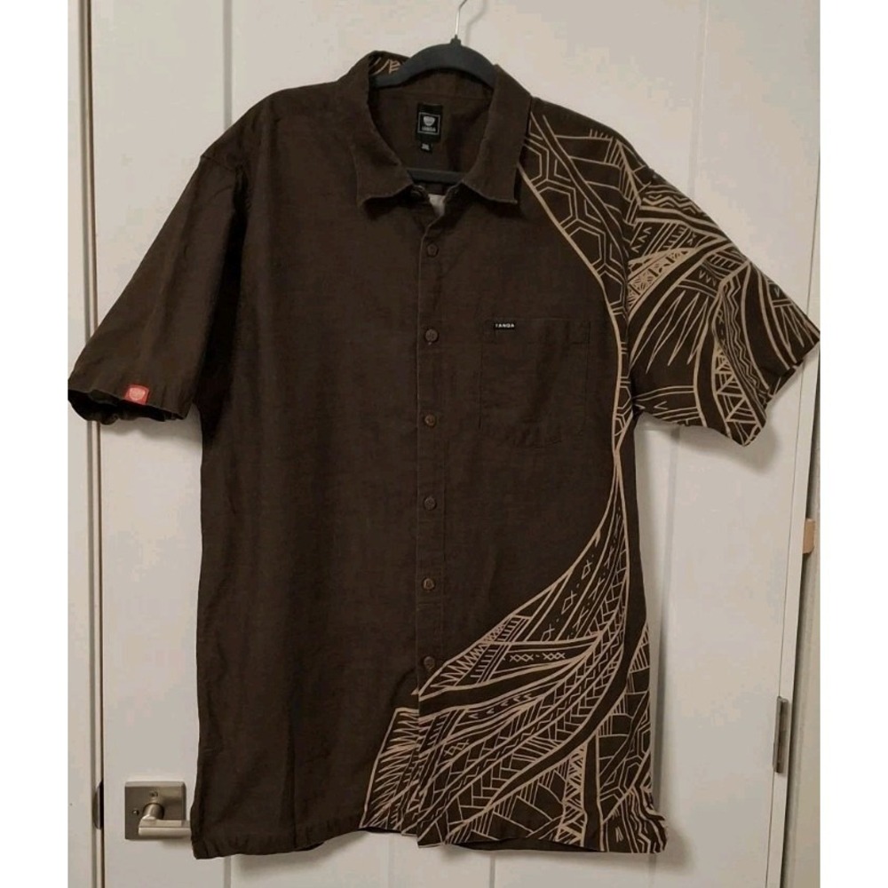 Tanoa Mens Button Up Shirt 3XL Brn Short Sleeve Casual Top Pocket Tribal Island